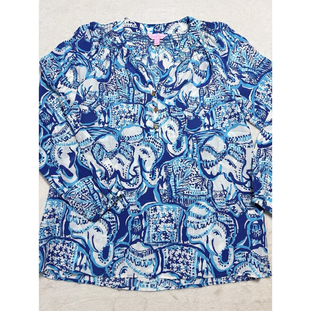 Lilly Pulitzer 100% Silk Elsa Top Blue/White Boho Resort Palm Beach Cruise Sz Sm